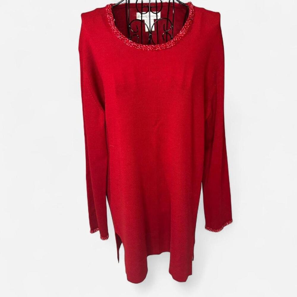 Casual Corner Vintage Beaded Red Tunic Sweater Wool Blend Size Large